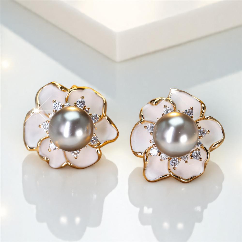 Cute Female White Crystal Gray Pearl Enamel Gold Color Flower Stud Earrings Lovely Bridal Wedding Jewelry For Women