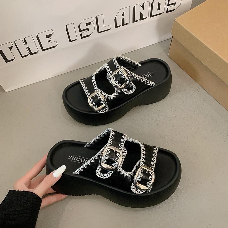 

Slippers women s new summer outer wear leather thick-bottomed cool slippers small person height increase Boken one-word drag 35 чёрный