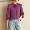 Women Casual Stand Collar Solid Color Loose 3/4 Sleeve Blouse