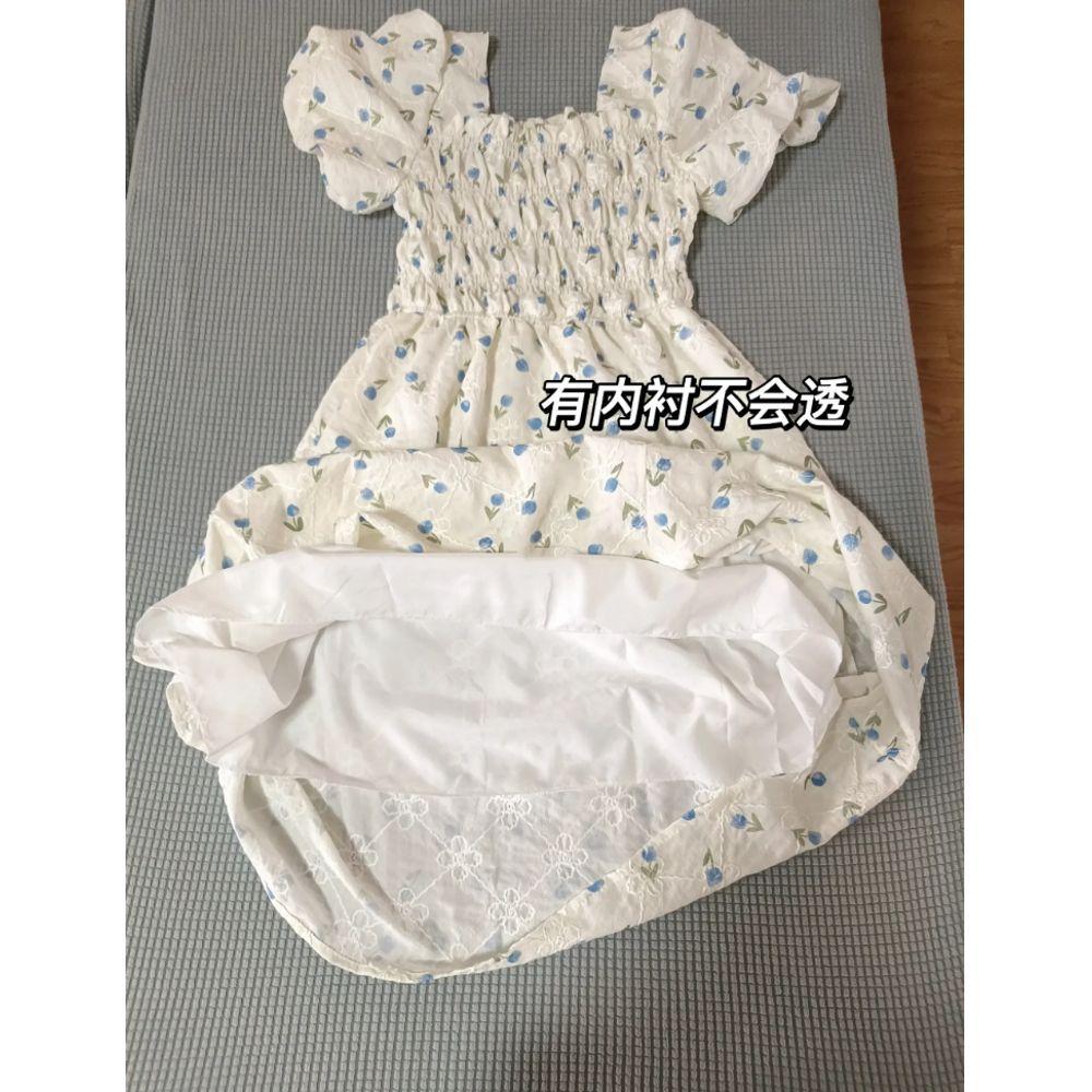 Temperament dopamine sweet wind square neck floral skirt spring and summer new fashion small fresh dress medium and long dress women