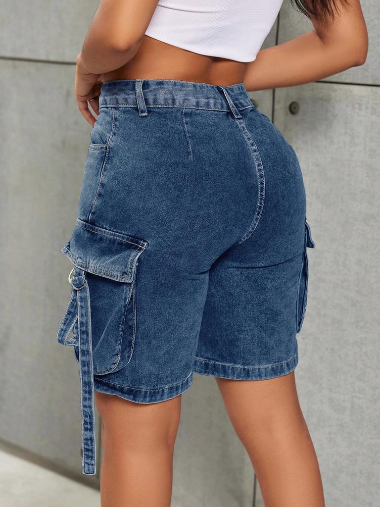 Rose Beauty A Y2K Street High Waist Flap Pocket Tape Detail Work Cargo Denim Bermuda Wide Leg Jean Shorts Summer Comfy Trendy Jorts