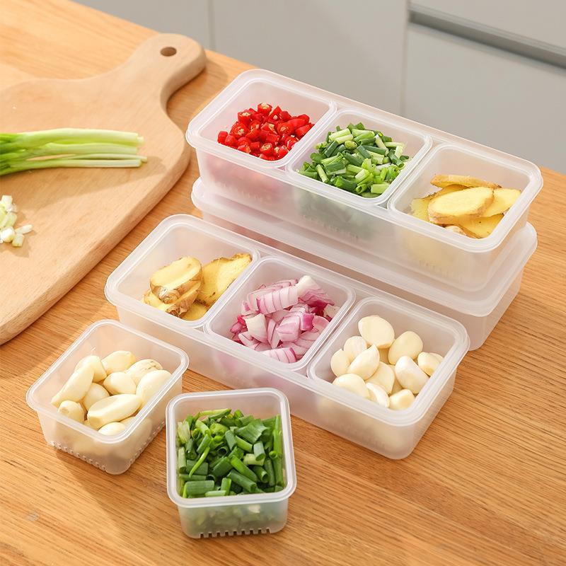 Transparent Storage Box 3 Grids Scallion Ginger Garlic Fresh-keeping Box Refrigerator Fruit Food Container Organizer