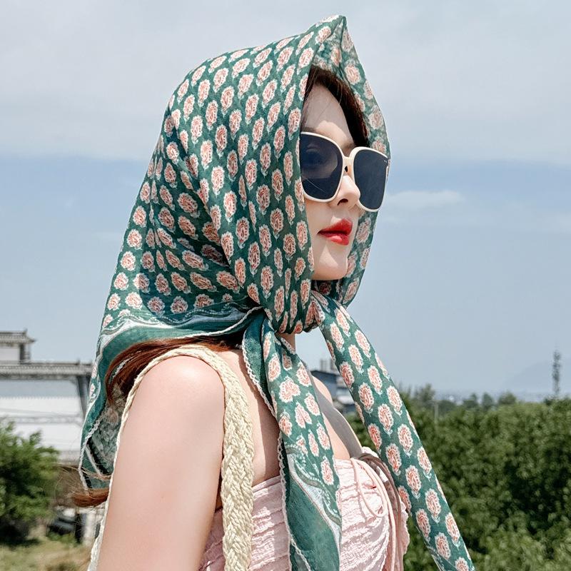 91CM large square scarf women's Japanese retro cashew flower cotton and linen silk scarf temperament lace thin sunscreen shawl headscarf