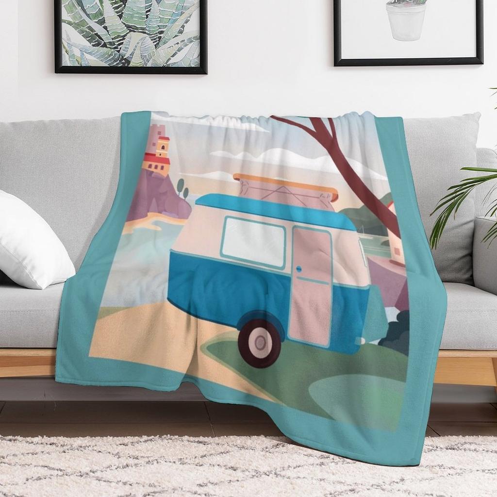 Vintage Caravan by the Sea Throw Blanket Warm Accent Blanket for Living Room Decoration