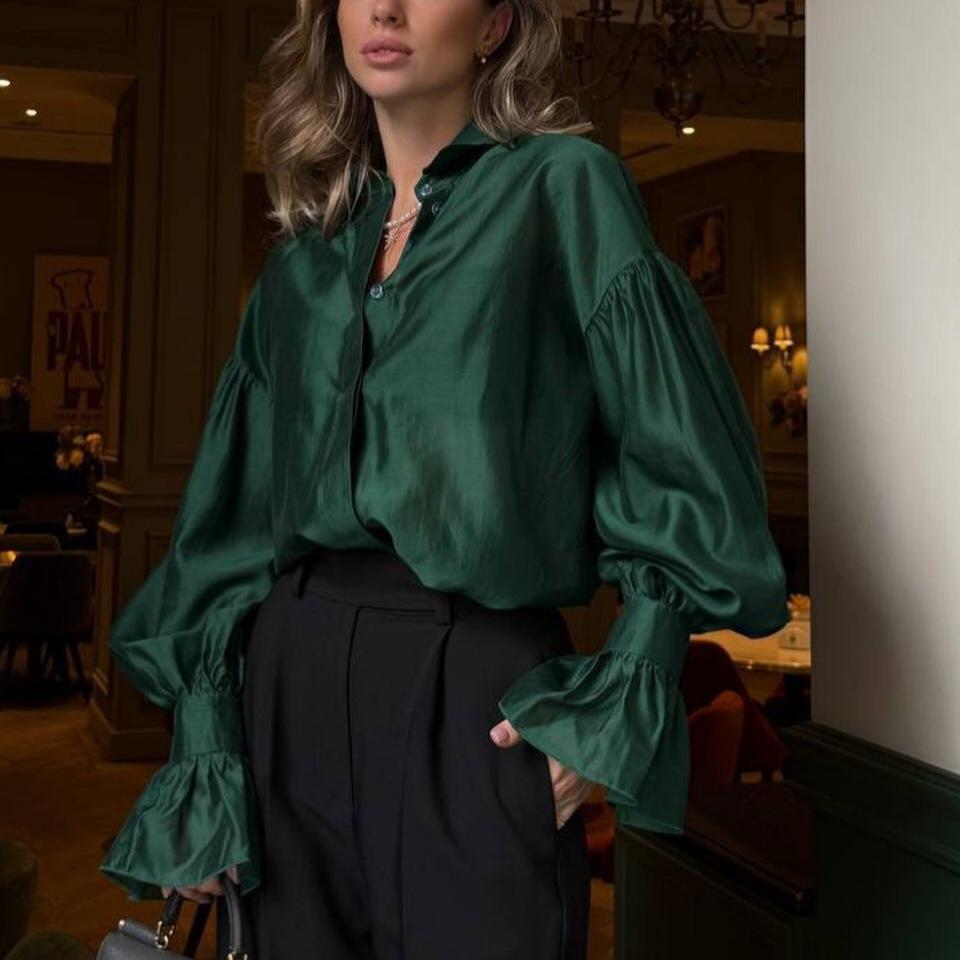 

Женская сладкая свежая свободная рубашка-топ с лацканами и рукавами-фонариками, весна 2025 Large