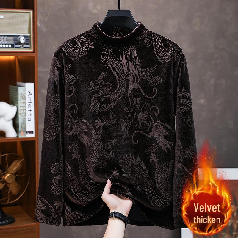 

High-Quality Golden Velvet Men s Mock Neck Sweatshirt - Autumn/Winter Warm Thickened Long-Sleeve Base Layer XXXXL (180-200 jin) кавовий