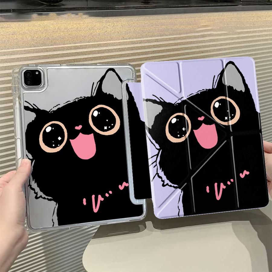 Cute Little Black Cat Y-Fold Holder Cover Tablet Case For iPad Pro 2025 Mini 6 7 Air 4 5 M3 M2 1 2 M4 11inch Pro 11th 10th 9th