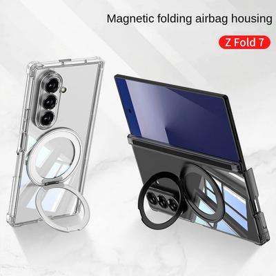 Czterokątny Poduszka Powietrzna Odporny na Upadki Wszechstronny Zawiasowy Metalowy Magnetyczny Pierścień Stojak Etui na Telefon dla Samsung Galaxy Z Fold 7 Pokrowiec Ochronny