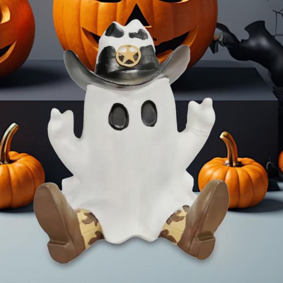 Halloween Cowboy Ghost Figurine Resin Ghost Wearing Cowboy Hat Boots Tabletop Ghost Statue for Home Party Centerpiece Indoor Outdoor