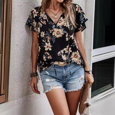 Ladies Summer Short Sleeve Lace-up V Neck Flower Printed Pullover  Shirt Top
