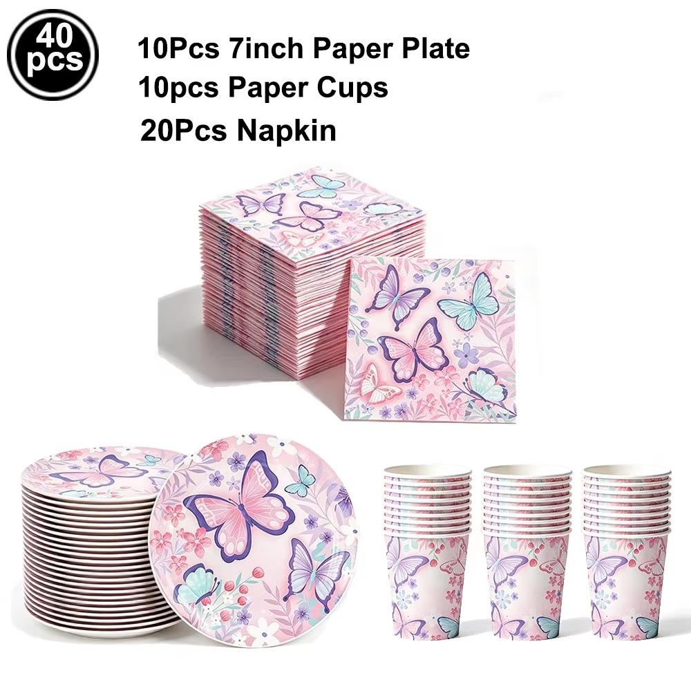 Butterfly Birthday Party Decoration Disposable Party Plates Cup Napkin Tablecloth Butterfly Knìfe Birthday Decoration Baby Showe