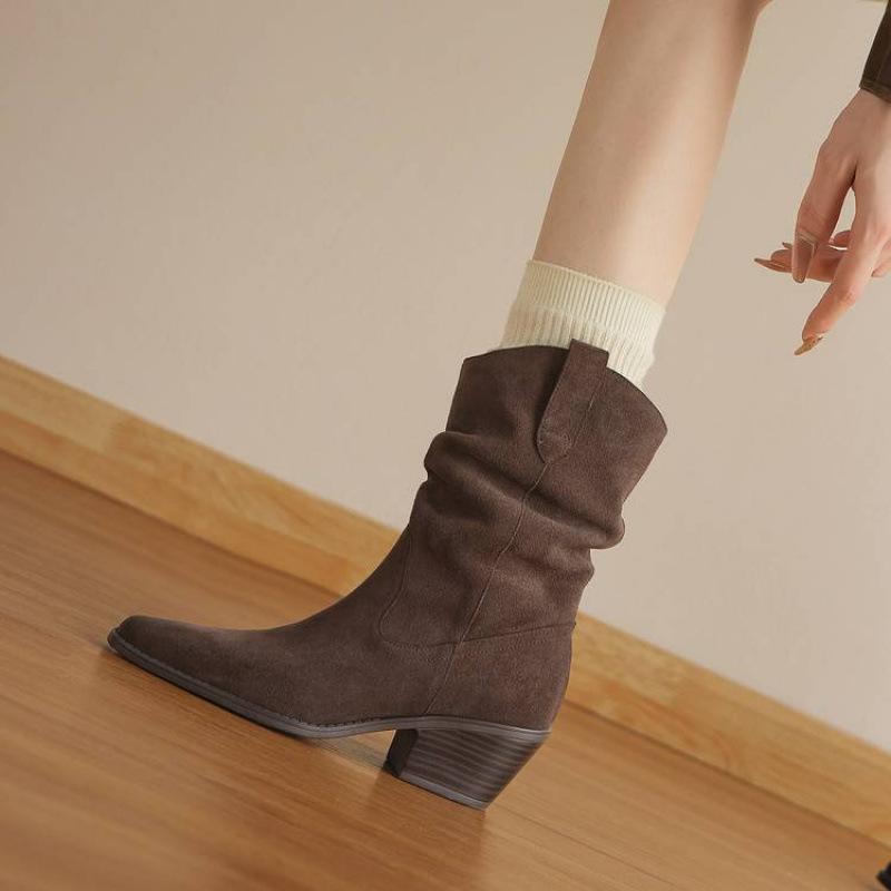 New versatile large-size women's boots solid color medium heel comfortable women's leather boots sleeve genuine leather Martin boots cowhide medium b