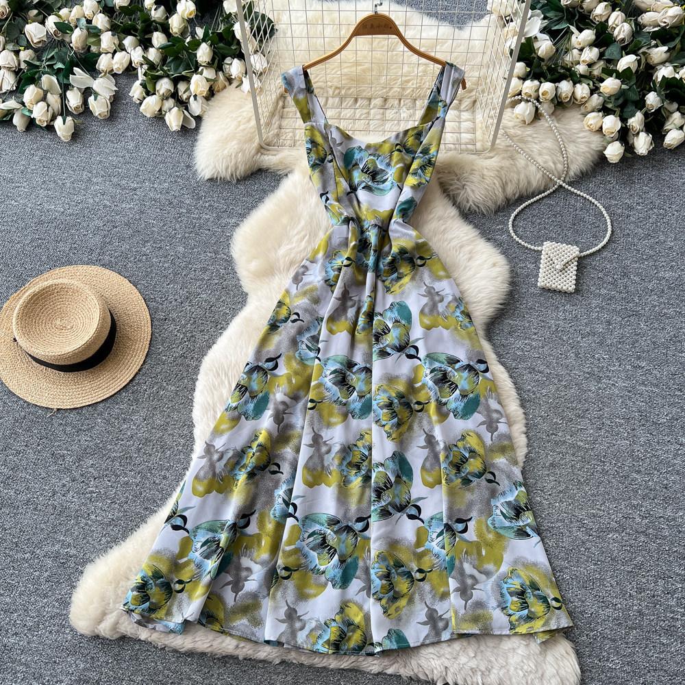 French holiday style red flower print sleeveless dress women's summer high waist A word thin dress