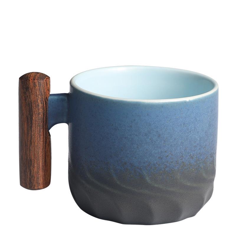 Exquisite Ceramic Tea & Coffee Cup with Wooden Handle - Gradient Glaze, Gift Box Set