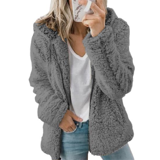 

Флисовое пальто для женщин, оверсайз, на молнии, с капюшоном, пушистая толстовка с открытой передней частью, демисезонная теплая верхняя одежда L темно-серого