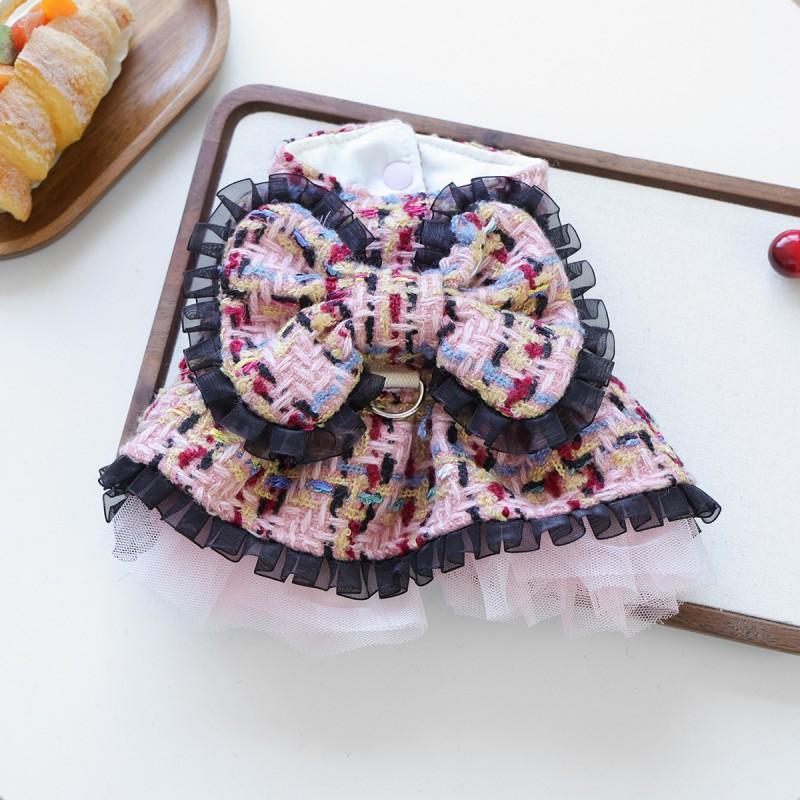 Pet Plaid Dress With Harness Loop Small Dogs Cats Winter Warm Princess Style