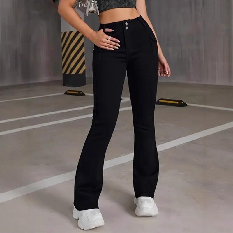 

Women s Jeans Multi-craft Pocket Design Black Pants Power-fitting All-match Flared L чёрный