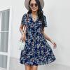 Vestido de gasa de verano floral con cuello en V y manga corta con estampado de primavera para mujer