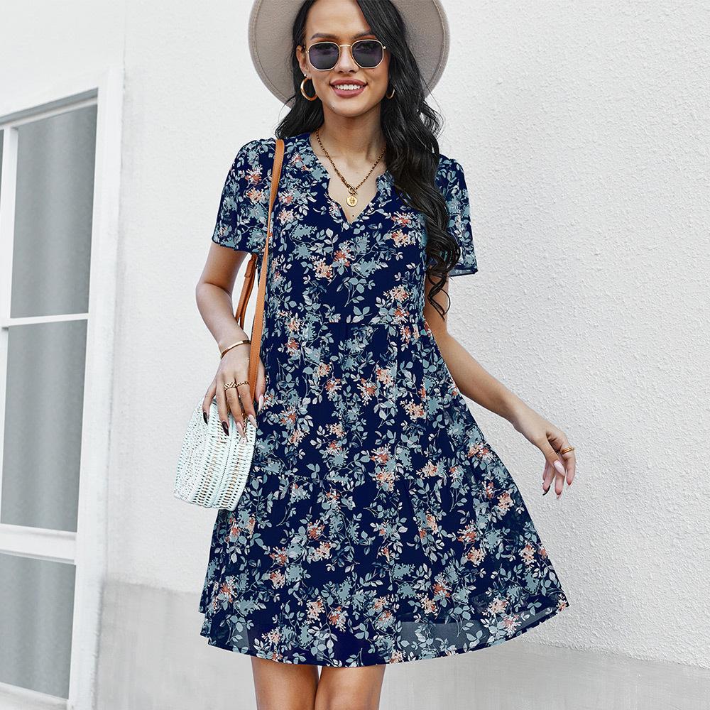 Vestido de gasa de verano floral con cuello en V y manga corta con estampado de primavera para mujer