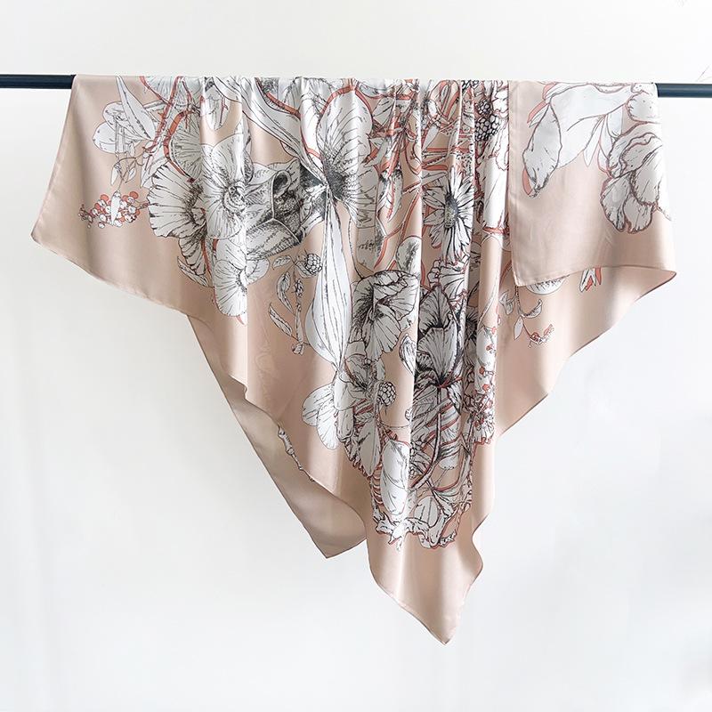 Korean Design Plant Flower Print Silk Scarf Summer Thin Large Square Scarf High Sense Temperament Versatile Sun Protection Shawl