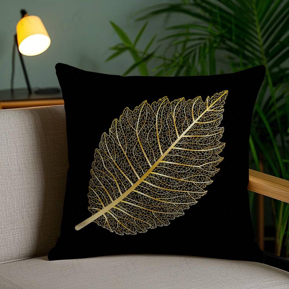 Kissenbezug mit goldenem Blatt- und Zweigmuster Milbendichter Kissenbezug Unsichtbarer Reißverschluss Seidiger Kurzplüsch Sofakissenbezug
