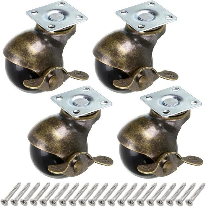 Lot de 4 roulettes à billes 50 mm avec frein - plaque 38x38 mm, pivot 360°, charge 30 kg, noir