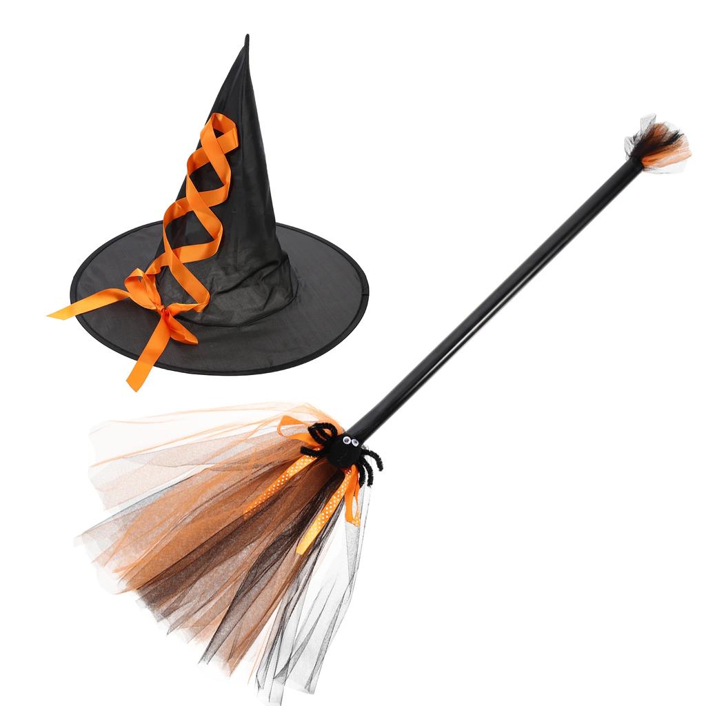 Halloween Witch Costume Accessory Set Wizard Flying Broom Witch Hat Broom Party Decor Masquerade Cosplay Costume Supplies