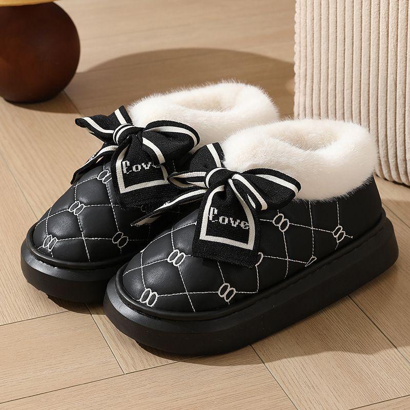 High-heeled cotton slippers, thick-bottomed bag and indoor household fashion versatile bow PU slippers, thickened and warm in winter