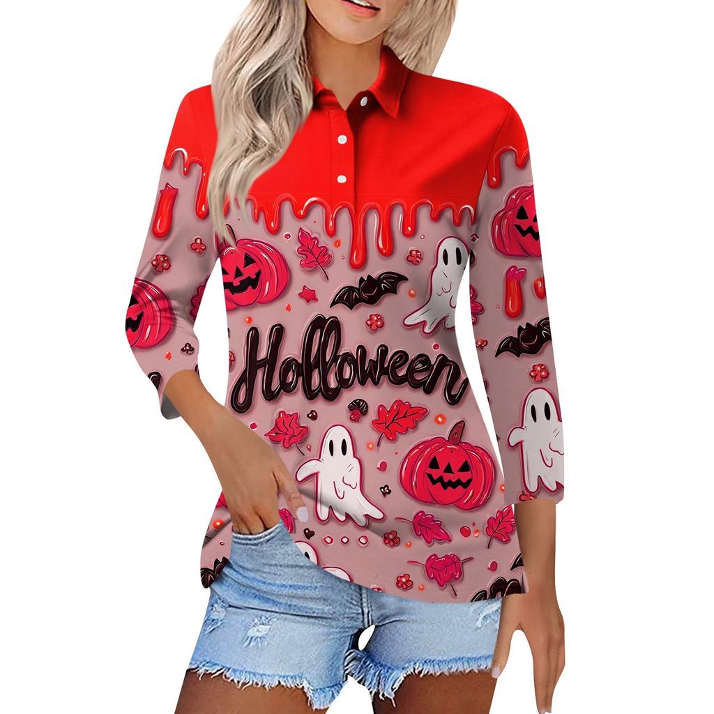 Dammode Casual Revers Kort 3/4 Ärm Halloween Tryck Skjorta Dambutton Up Toppar