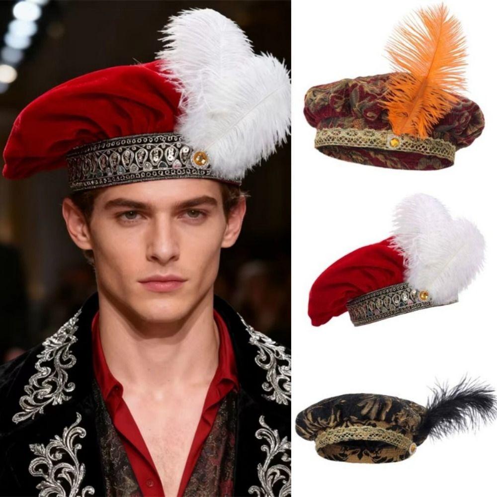 with Feather Medieval Noble Court Hat Antiqued Renaissance Ceremony Dress Hat Role-Play