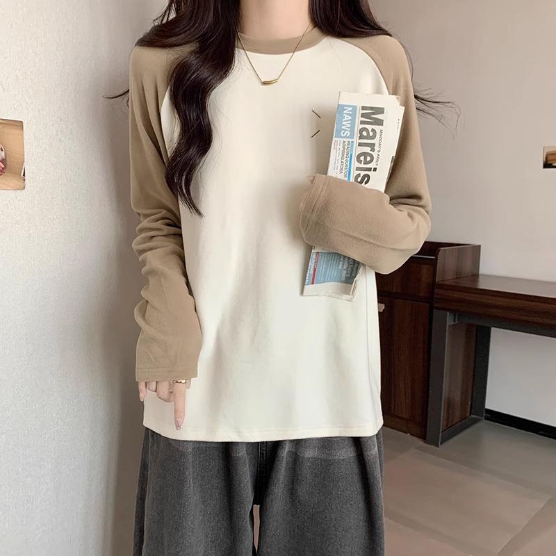Raglan Long-sleeved Color-blocked T-shirt for Women In Winter Australian Velvet Cold-resistant and Warm German Velvet Thickened Loose Bottoming Shirt