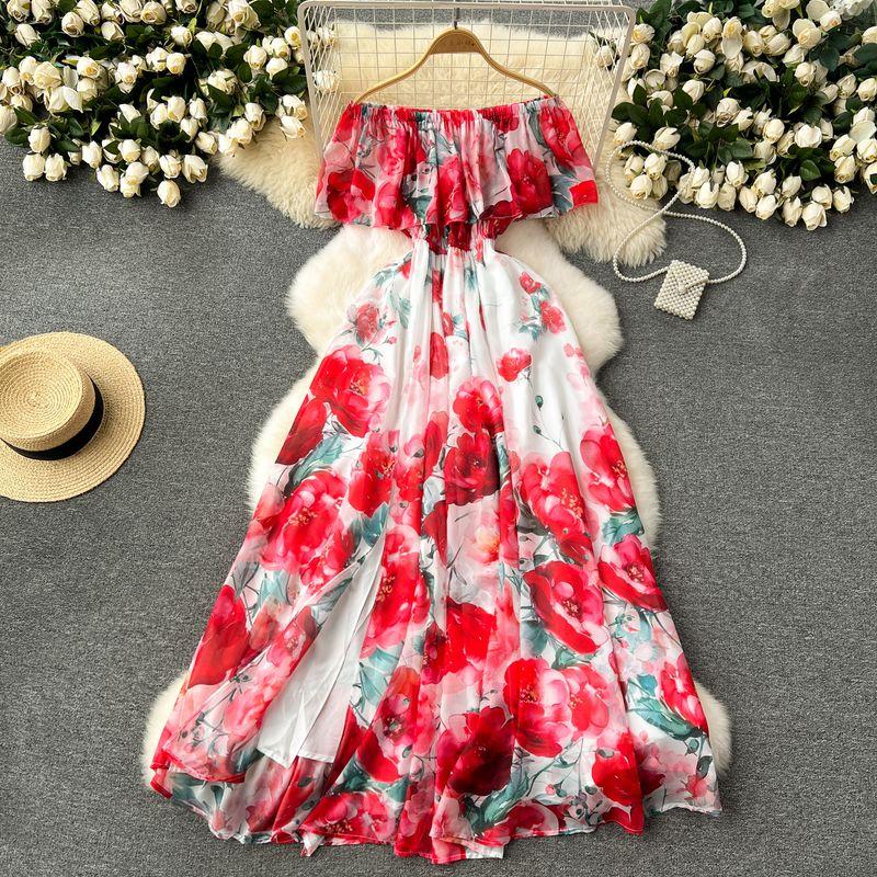 

Women s off-Shoulder Ruffles Summer Super Fairy Dress Red XL