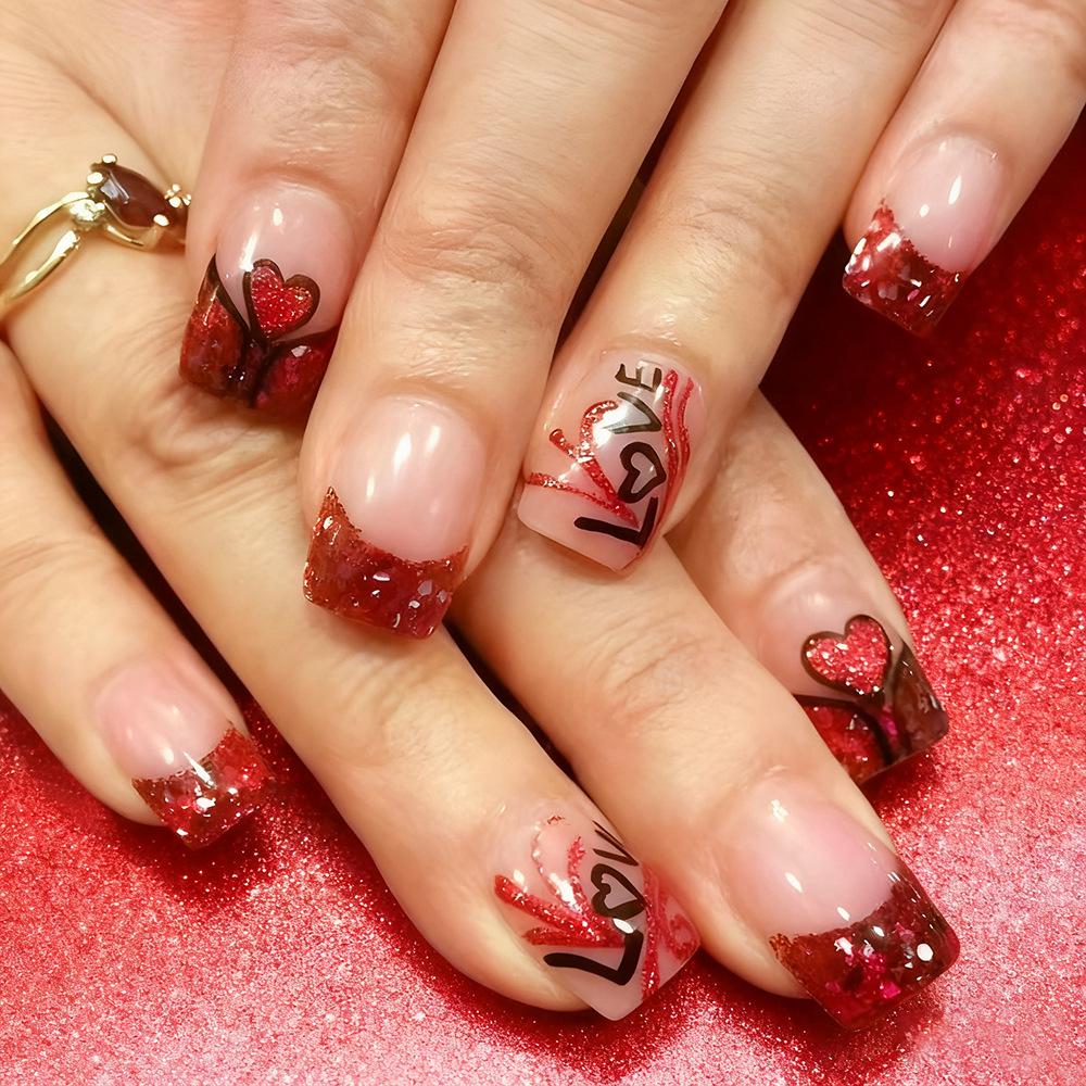 Valentine s Day Short Heart French Press-on Nails: Black Letter Lines & Silver Glitter Glossy Design - 24 Pieces