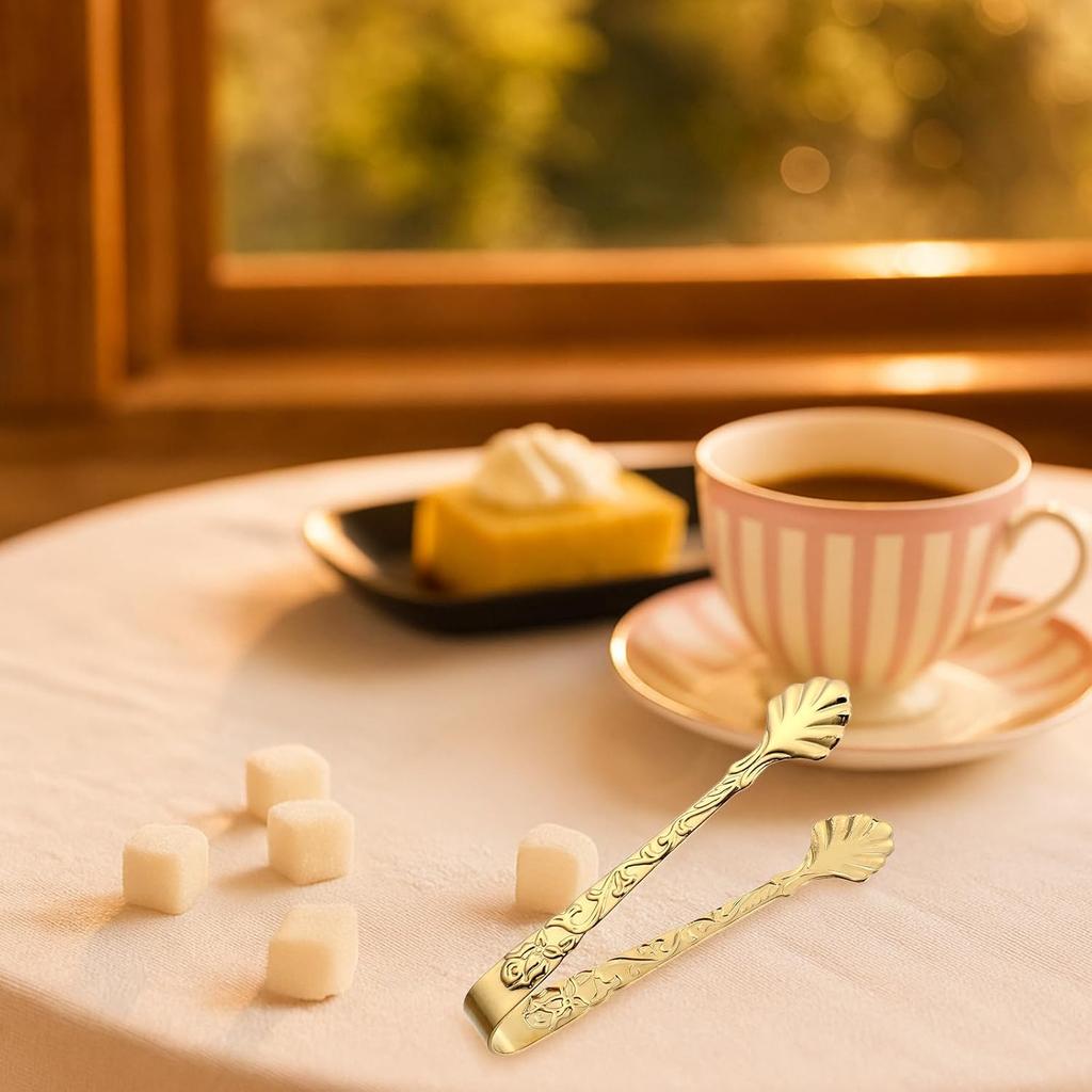 2Pcs 304 Stainless Steel Sugar Cube Tongs,Ymapinc Rose Relief Handle Ice Tong, Gold & Silver Tongs for Sugar Cubes Vintage Small Serving Tong, Tea,