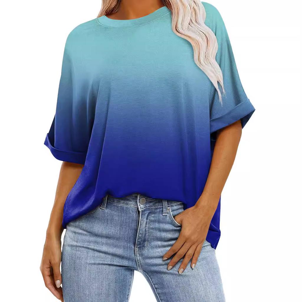 Stripete graduerte trykk rund hals kortermet for kvinner Sommer Uformell Løs mote Pullover T-skjorte Arbeidsferie Pustende Lett Compy Topp