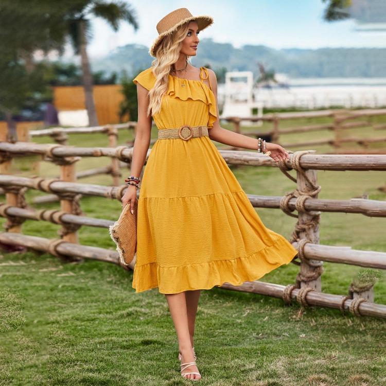 Casual Summer Dress Women Solid Color High Waist Sleeveless A-Line Ruffled Strap Slanted Shoulder Middle Long Dresses Spring S-XL Fashion Trendy