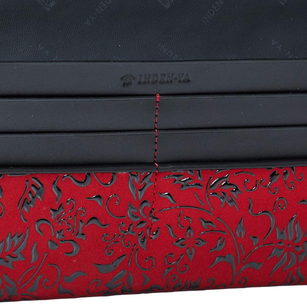 Indenya Long Wallet, T-Shaped, Red Deerskin with Black Lacquer Floral Arabesque Pattern, 2311-03-041