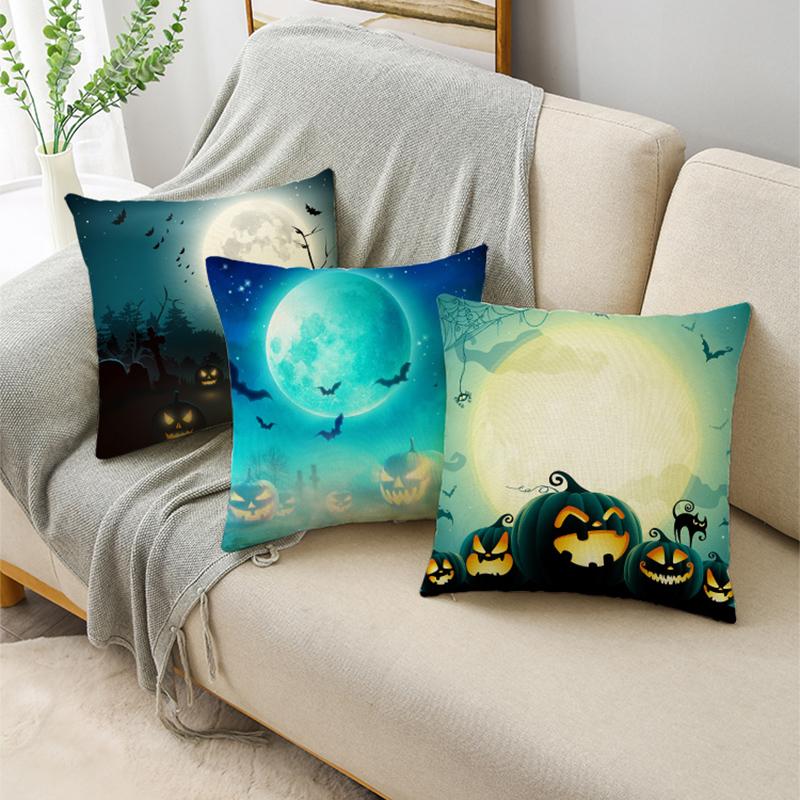 Happy Halloween Pumpkin Lantern Moon Graveyard Blue Linen Throw Pillowcase Decorative Cushion Cover For Sofa Livingroom Party