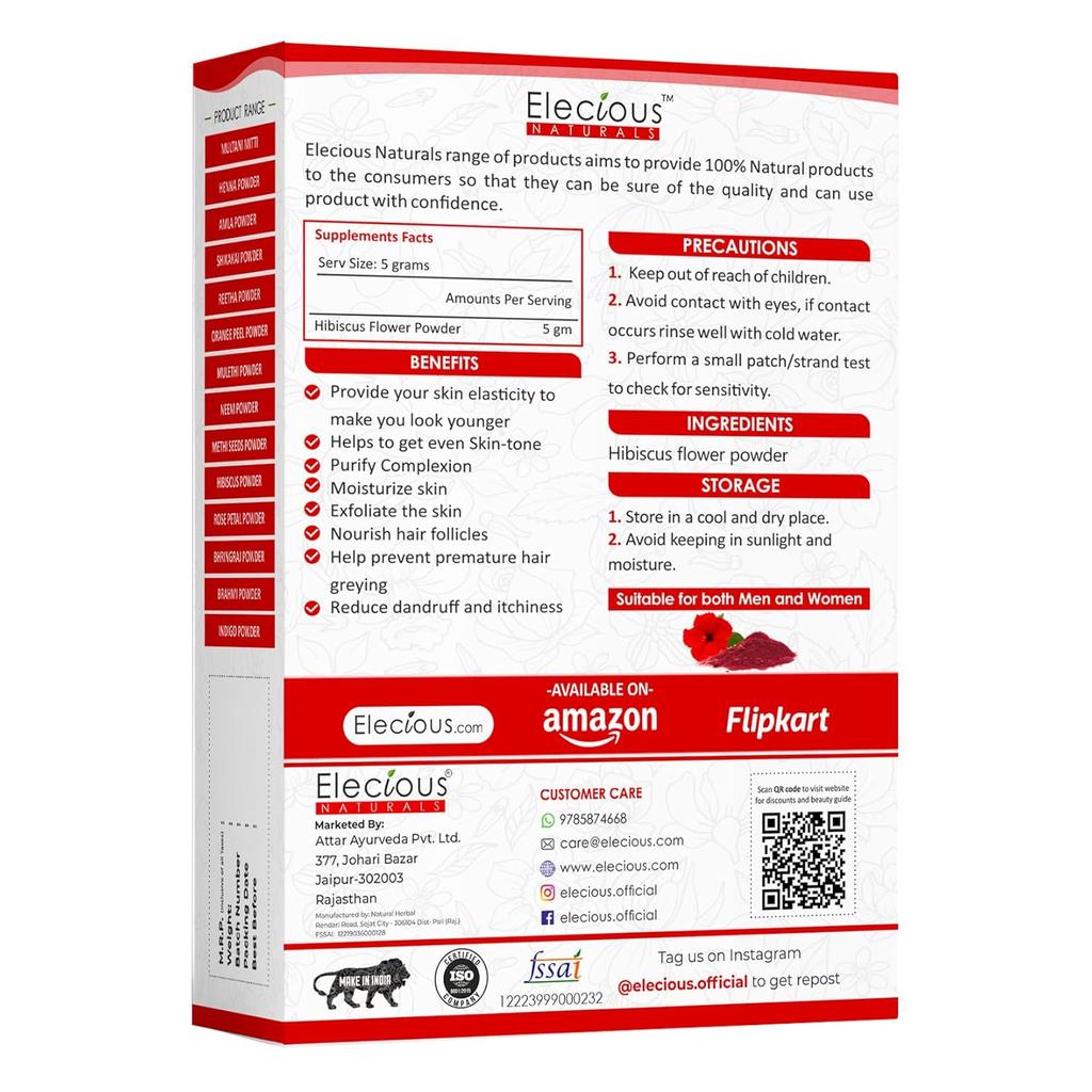 Elecious Hibiscus Powder for Hair Growth, Face and Skin Glowing Skin Ideal for Preparing Hair Pack, Hair Oil, Face Pack and Hibiscus Tea 200gm