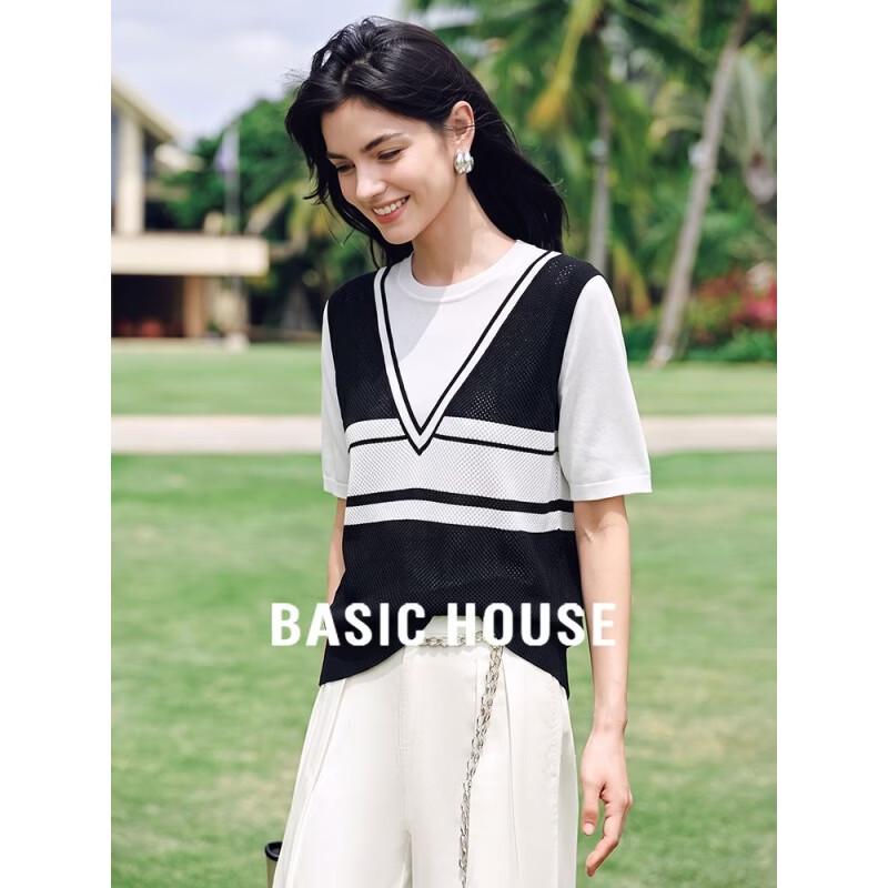 Basic House Women s Faux Two-Piece Striped Knit Top S