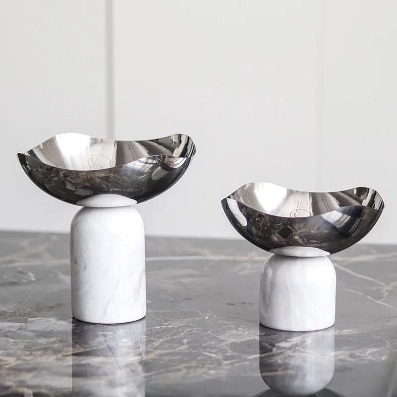Light Luxury Marble Fruit Tray Decoration, Stainless Steel Tray, Irregular Metal Snack Tray Decoration in The Living Room