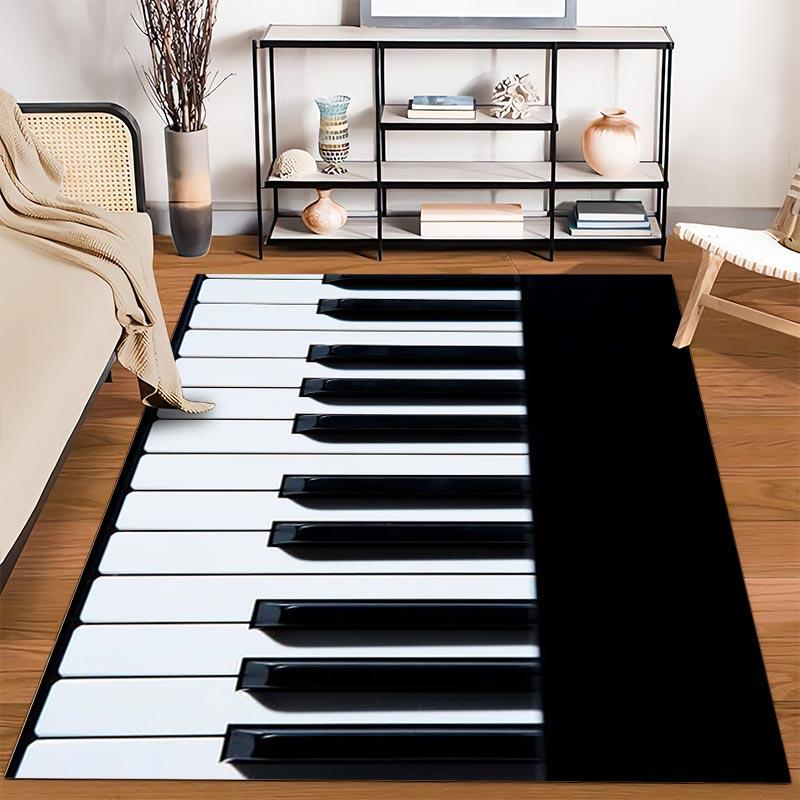 Tappeto con Motivo Tastiera di Pianoforte per Decorazione Soggiorno, Bianco e Nero Adatto all'uso come antiscivolo per divani di soggiorno e camera da letto