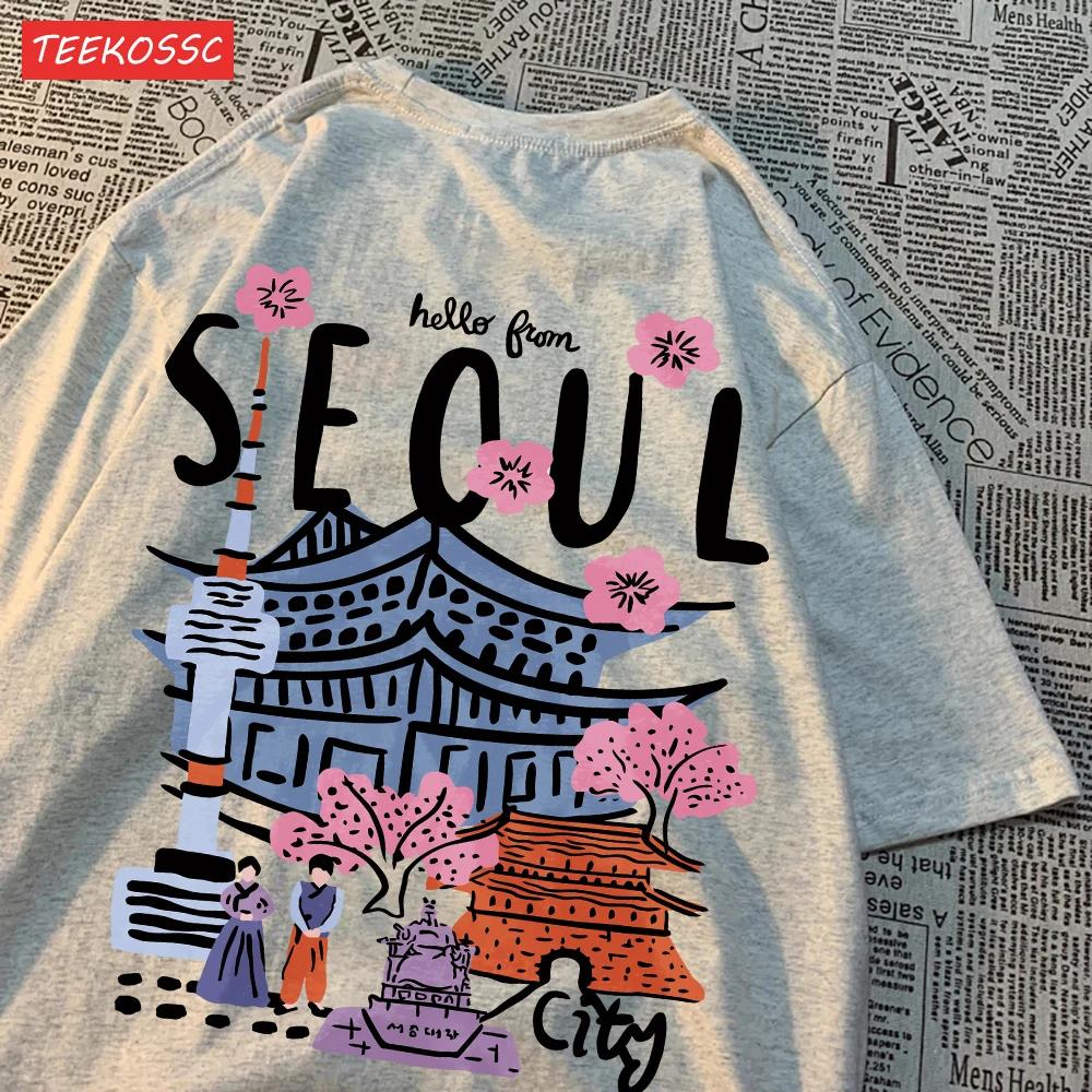Lässige Damen-T-Shirts mit Seoul-Motiv, schöne Landschaft, bedruckt, kurzärmelig, O-Ausschnitt, atmungsaktiv, übergroß, modische Damenkleidung