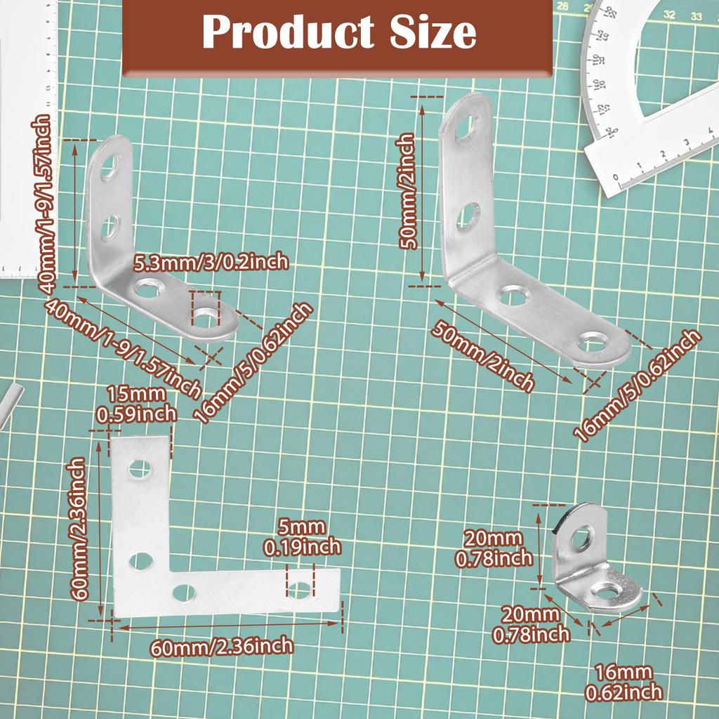 60PCS Stainless Steel L Brackets Corner Brace 16x20mm 16x40mm 16x50mm 15X60mm 90 Degree L Shaped Brackets for Shelves, Wood Furn