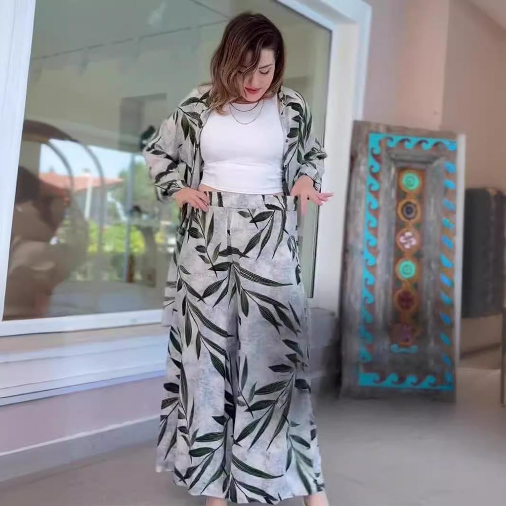 2026 Amazon Europe and the United States summer new fashion printed cardigan wide-leg pants trousers set cross-border hot-selling fashion