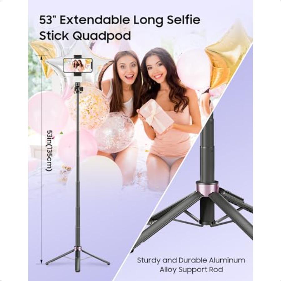 53'' Selfie Stick Tripod with Light Enhanced 4Leg Cell Phone Stand Camera Tripod with Rechargeable Wirel Remote 2 Fill Light Po
