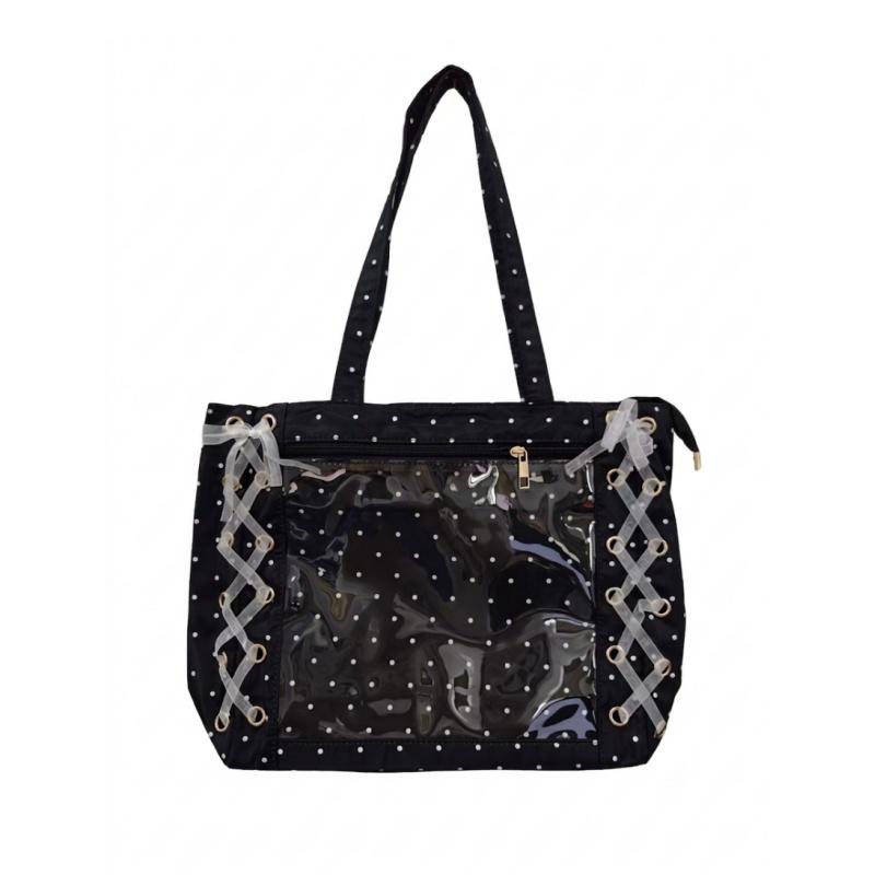 Cute Polka Dot Canvas Tote Bag Women Large Capacity Shoulder Bag With Lace Bow Ribbon Decor Casual School Use Commuter Tote Bag