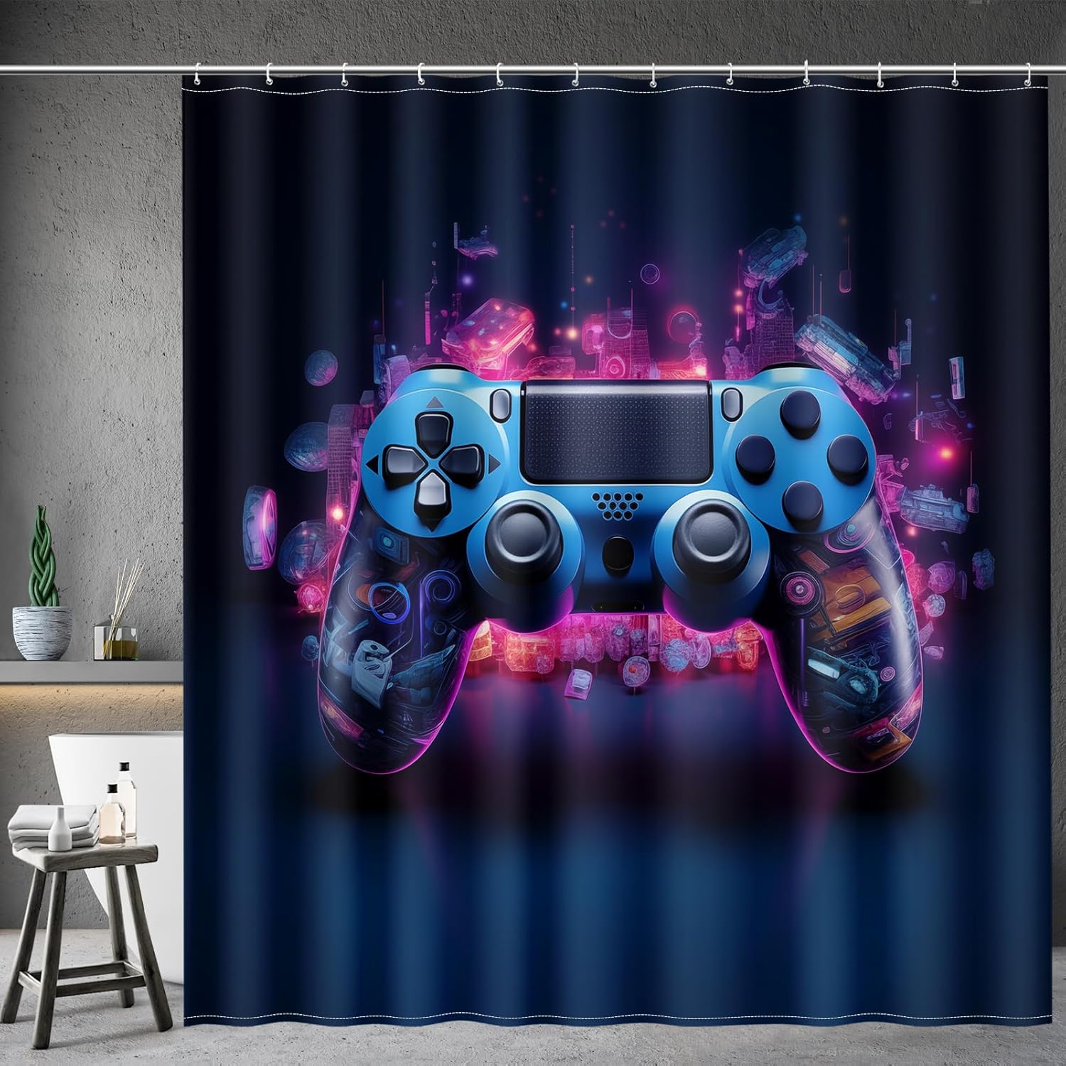 

Game Themed Kids Shower Curtain-Video Gamepad Player Cool Shower Curtain With 12 Hooks, Boy Bathroom Decoration Accessories W60H190(CM)-1 Pcs