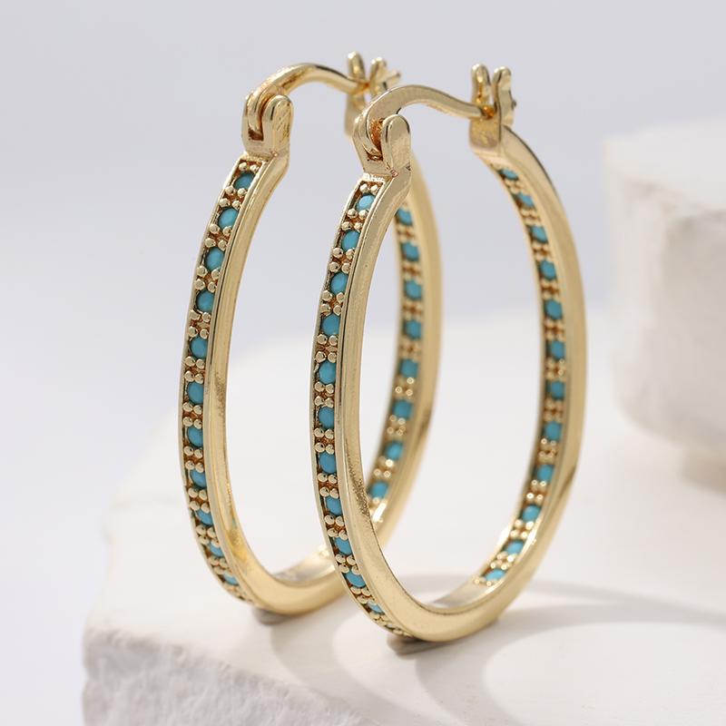 Trend Turquoise Golden Plated Large Round Hoop Earrings for Women Vintage Party Holiday Jewelry Accessories Perfect Gift