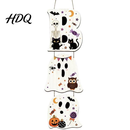 Layered Hanging Seasonal Ornament Halloween Wooden BOO Sign Creative Letter Pendants Vintage Ghost Pumpkin Black Cat